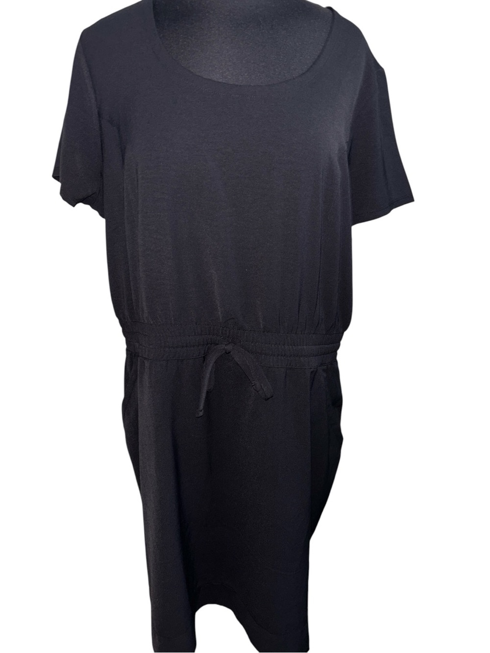 32 Cool Black Midi Drawstring-Waist Dress, P2P:23.5, L:40.5”, NWT